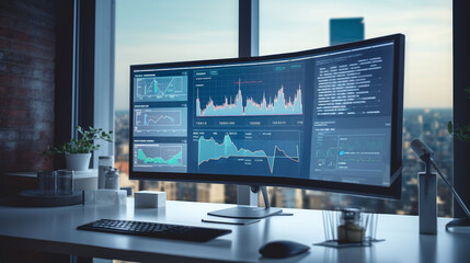 Modern office workspace with financial charts on a digital screen, finance and investment, banner, business
