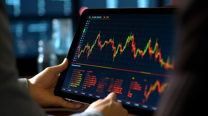 Hands holding a tablet showing stock market graphs and data, finance and investment, banner, business - obrazy, fototapety, plakaty