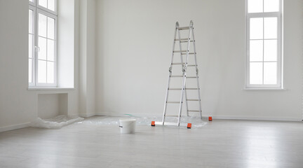 Empty room in house or apartment after renovations. Interior with white freshly painted walls, step...