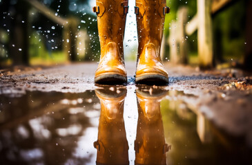 Yellow rubber boots standing by a puddle of rain water on a dirt road. Concept of wet weather and rainy season in the autumn. Shallow field of view.