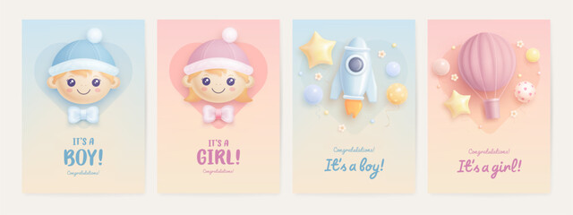 Set of baby shower invitation template with baby boy, baby girl, rocket, hot air balloon on colorful background. Its a girl, its a boy. Vector illustration