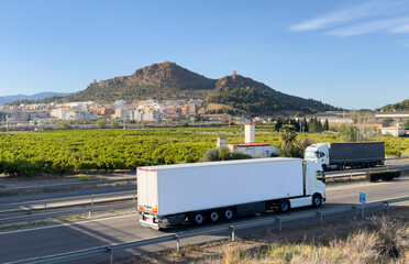 Semi truck with Semi-trailer driving along highway. Truck Goods Delivery by roads. Services and Transport logistics. Traffic road against backdrop of Almenara town at mountains castle. - obrazy, fototapety, plakaty