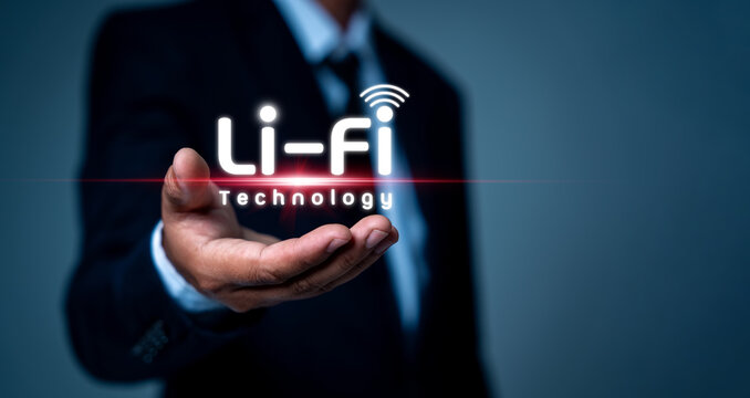 LiFi (Light Fidelity), Businessman showing new technology for internet connection on he hand. Business, technology, internet and networking concept, businessman showing hologram hi-speed connection