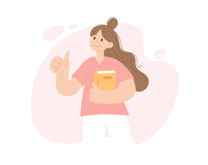 Solutions concept. Young positive woman standing showing thumbs up sign holding a book. Vector illustration in minimalist style