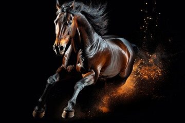 Bay stallion in motion. Black horse expressive jump on a black background with the dust