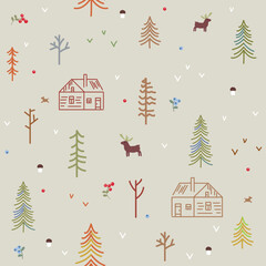 Vector seamless pattern autumn forest, trees and houses - 632537517