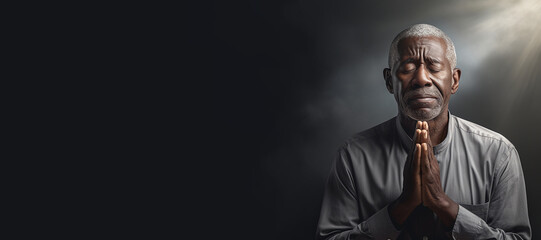 An elderly man of African ethnicity praying. Christian religious prayer and devotion banner with copy space. Generative AI illustration