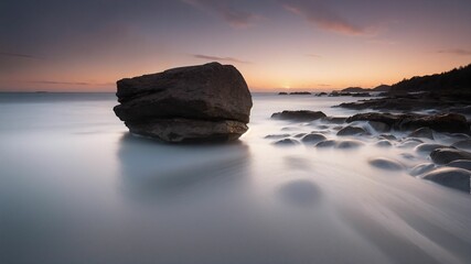 Fototapeta na wymiar a rock in the water with a sunset in the background and a long exposure of the water and rocks