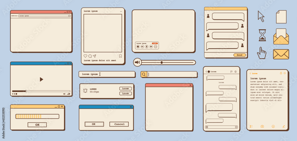 Fototapete Vector set of retro vaporwave desktop browser, dialog window, social media app templates. 80s 90s old computer UI elements and vintage aesthetic icons. Nostalgic retro operating system illustrations.