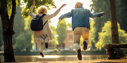 happy senior couple jumping in park