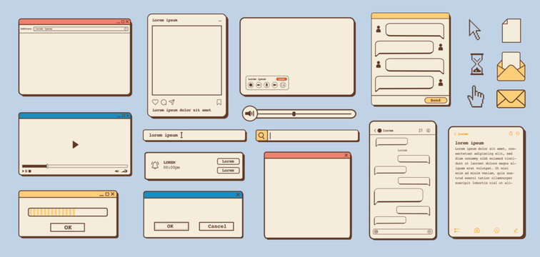 Vector set of retro vaporwave desktop browser, dialog window, social media app templates. 80s 90s old computer UI elements and vintage aesthetic icons. Nostalgic retro operating system illustrations.
