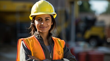 In her work site environment, a female construction worker is photographed wearing PPE and smiling
