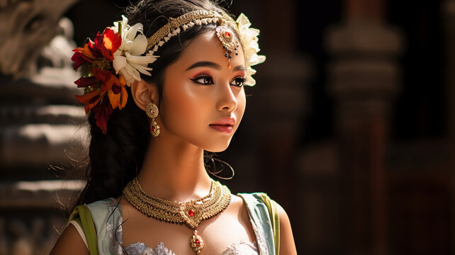 Portrait of a young Balinese dancer wearing traditional costume