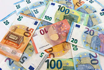 Euro coins and notes. Euro Money and cash background. Euro Money Banknotes for pay. Euro bills and coins in Crisis of the European Union. Coins and bills for pension.