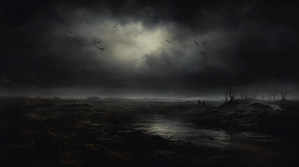 Artwork Depicting Rain Falling on a Dark Dreary Landscape