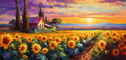 Fotobehang painting style illustration, sunflower field with sunset sky scenery, calm and peaceful, Generative Ai © QuietWord