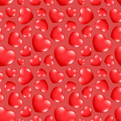 Seamless pattern of realistic 3d hearts. Decorative romantic icon love symbol. Valentines day collection of red hearts. Hand drawn vector illustration for wallpaper, wrapping paper, fabric