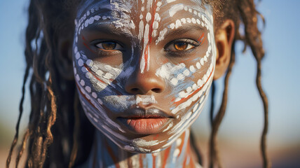 Portrait of young female from the Aboriginal culture in Australia. Woman face adorned with traditional paints against the backdrop of the vast Outback. - obrazy, fototapety, plakaty