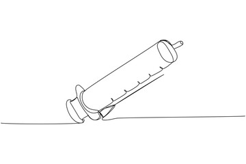 Large puncture syringe, injection, vaccination, medical supplies, equipment one line art. Continuous line drawing of medication, needle, healthcare, clinical, disposable, tool, narcotic, healthy