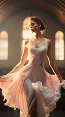 Portrait of an elegant ballet dancer in mid-pirouette against the backdrop of a sunlit dance studio