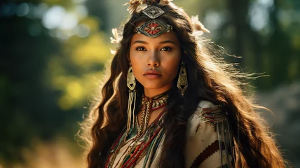 Poster Portrait of an attractive young Native American woman with make up in traditional feather hat and clothes. © Tamara