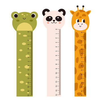 Vector cute measuring ruler set. School rulers with kawaii animals. Panda, frog and giraffe smiling face. Measuring tool collection. Student ruler with funny animal faces. Centimeter scales.