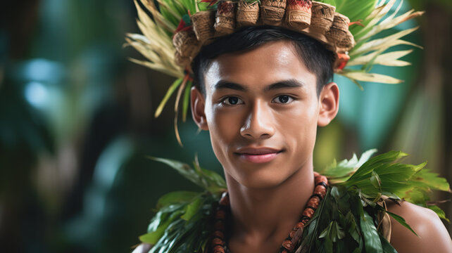 Portrait of a teenage male from the Yap culture in Micronesia. Man in traditional thuwa loincloth made from hibiscus fibers, contrasting with the turquoise lagoon.