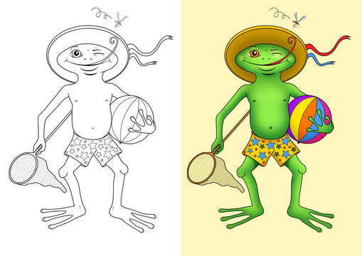 Frosch am Strand, Ausmalvorlage f&uuml;r Kinder, schwarzwei&szlig; und bunt