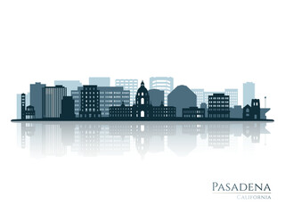 Pasadena skyline silhouette with reflection. Landscape Pasadena, California. Vector illustration.