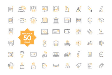 Flat line collection set of vector line icons of education. Natural and mathematical science, additional education, tutorship or freelance. Set of flat signs and symbols for web design and apps.