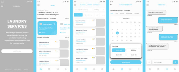 Laundry, Wash, Iron and Dry Clothes Services, Schedule Solution and Cleaning Service App UI Kit Template
