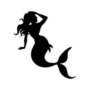 Vector illustration. Silhouette of mermaid girls on a white background. Sticker. Shadow. Fashionable.