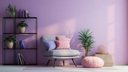 purple armchair in wall living room, idea for minimal interior backdrop, cheerful bright color, mockup idea, Generative Ai	