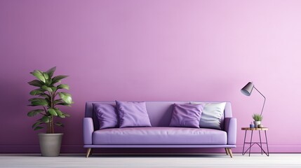 Fototapeta na wymiar purple sofa in wall living room, idea for minimal interior backdrop, cheerful bright color, mockup idea, Generative Ai 