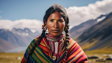 Portrait of a Quechua woman in Peru. Woman wearing bright traditional clothing contrasting with the rugged Andean landscape