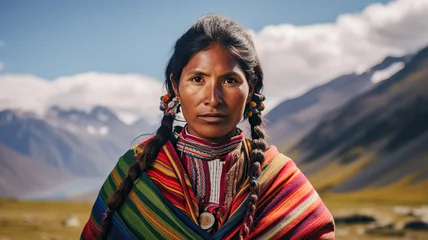 Foto op Canvas Portrait of a Quechua woman in Peru. Woman wearing bright traditional clothing contrasting with the rugged Andean landscape © Tamara