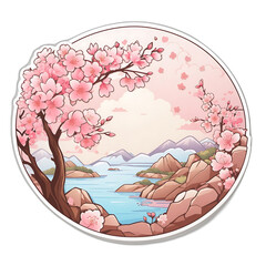 cherry blossom side river and moutain in the spring Generative AI