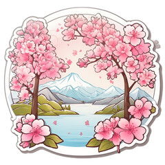 cherry blossom side river and moutain in the spring Generative AI