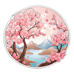 cherry blossom side river and moutain in the spring Generative AI