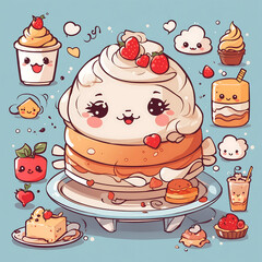 Cute dessert fruits and cream smile on dish Generative AI