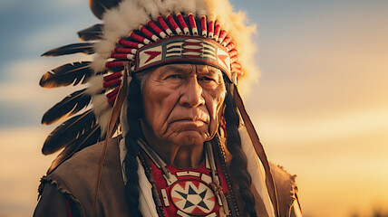 Old native american indian - indian headdress tribal chief feather hat with feathers. Male have piercing gaze and strong features