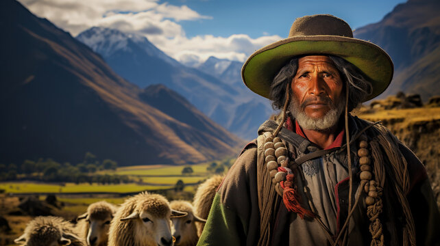 Portrait of a Quechua shepherd in the Peruvian Andes. Old man wearing traditional poncho and hat contrasting with the green highland pastures - Powered by Adobe