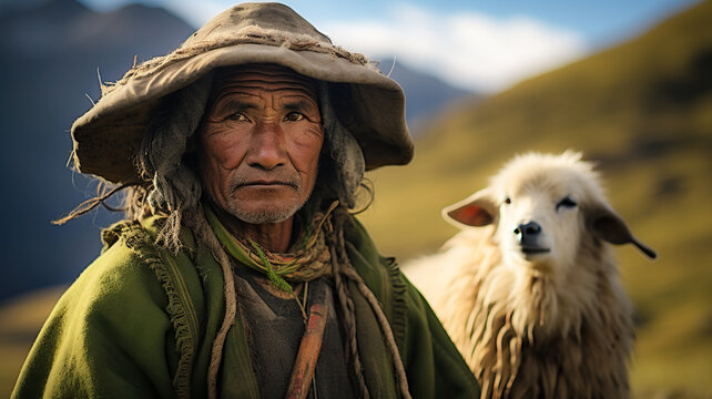 Portrait of a Quechua shepherd in the Peruvian Andes. Old man wearing traditional poncho and hat contrasting with the green highland pastures