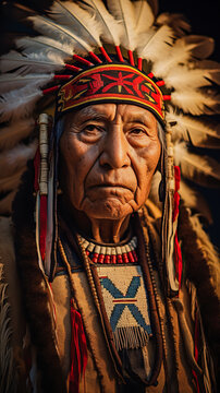 Old native american indian - indian headdress tribal chief feather hat with feathers. Male have piercing gaze and strong features