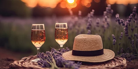 Deurstickers Two glasses with white wine and bottle on background of a lavender field. flowers lavender on a blanket on picnic. Romantic evening in sunset rays © Татьяна Прокопчук