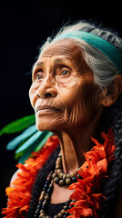 Portrait of a female from the Yap culture in Micronesia. Woman in traditional thuwa loincloth made from hibiscus fibers, contrasting with the turquoise lagoon.