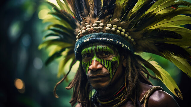Portrait of a Huli tribesman from Papua New Guinea. Mans face painted and feathered headdress vibrant against the lush jungle backdrop