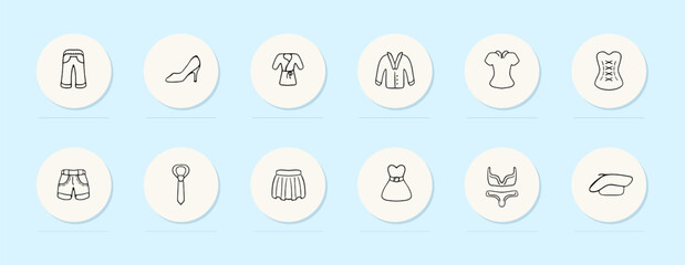 Clothing line icon. Jeans, shorts, skirt, jacket, corset, tie, underwear. Pastel color background. Vector line icon