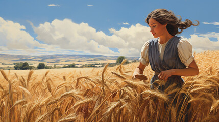 A depiction of Ruth gleaning in the fields with a backdrop of golden wheat Generative AI