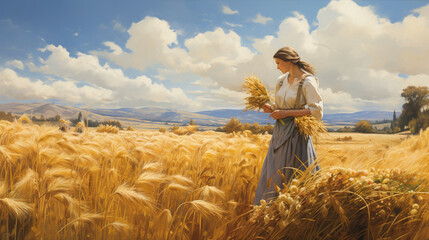 A depiction of Ruth gleaning in the fields with a backdrop of golden wheat Generative AI